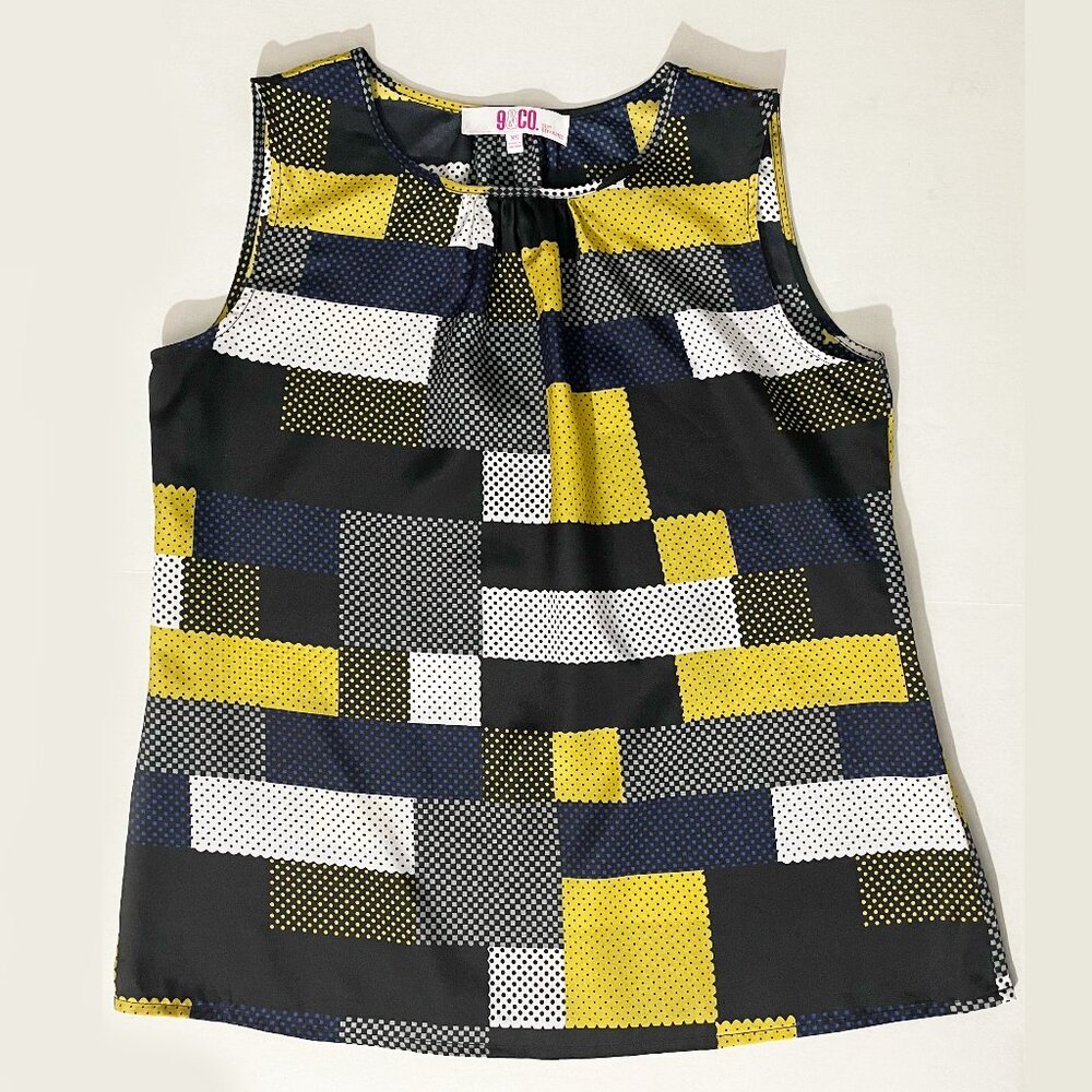 9 & Co. Sleeveless Top w/Abstract Pattern Blue, Yellow, White, Black | Size XS